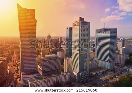 Modern architecture - skyscrapers at sunset, aerial panorama of Warsaw downtown, Poland