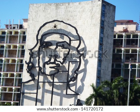 HAVANA, CUBA - APRIL 23: Ministry of the Interior, featuring an iron mural of Che Guevara\'s face at the plaza de la revolution, Havana, Cuba on April 23, 2012.
