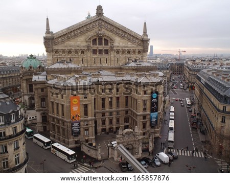 PARIS, FRANCE - DECEMBER 9: top view of Opera Garnier on December 9, 2012 in Paris, France. Opera Garnier is a popular landmark among tourists in Paris, the most visited city worldwide.