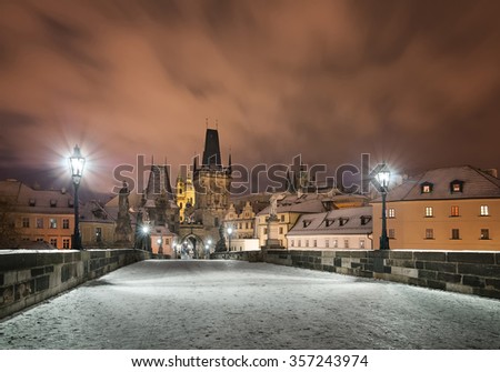 Lesser town winter night near Charles bridge, Prague, Czech republic