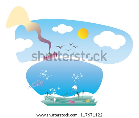 Trendy illustration of ship and ocean, marine ladscape