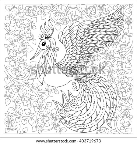 Exotic bird,fantastic flowers,branches, leaves.Hand drawn Firebird for anti stress Coloring Page . Coloring book page for adults and children. Black White Bird collection. Set of illustration.