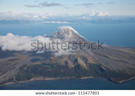 Aerial image of Mount St Augustine volcano, Cook Inlet, Alaska, USA