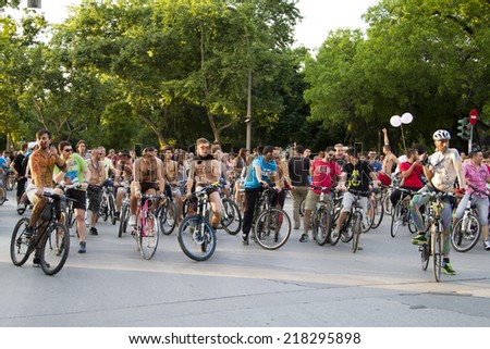 THESSALONIKI, GREECE- JUNE 6, 2014: 7th World Naked Bike Ride. Hundreds of cyclists either naked or half naked  demanding a more sustainable Thessaloniki to mobility and cycling. Thessaloniki, Greece