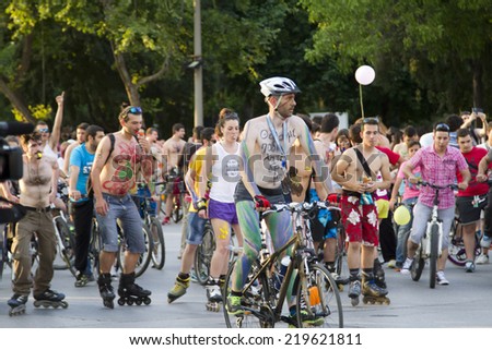 THESSALONIKI, GREECE- JUNE 6, 2014: 7th World Naked Bike Ride. Hundreds of cyclists either naked or half naked demanding a more sustainable Thessaloniki to mobility and cycling. Thessaloniki, Greece