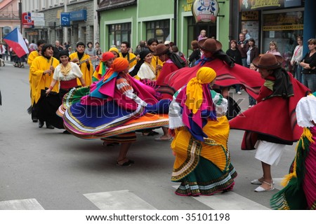 ZYWIEC, POLAND - AUGUST 6: Participants of the 46th Beskidy Highlanders Week of Culture (TKB), the biggest folk culture event in Eastern Europe, parade through the city, folk group from Ecuador