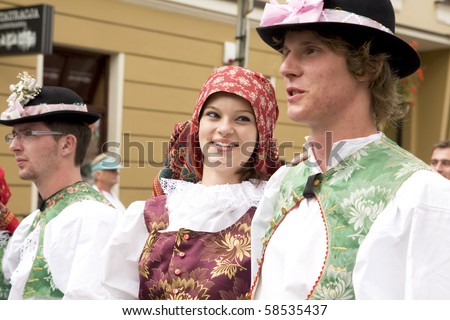 ZYWIEC, POLAND - AUG 5: Participants of the 47th Beskidy Highlanders Week of Culture (TKB), the biggest folk culture event in Eastern Europe, parade through the city, folk group from Czech Rep on August 5, 2010 in Zywiec, Poland
