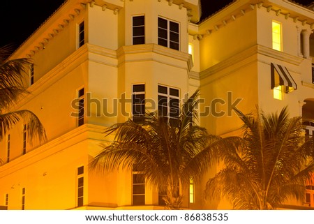 Low-rise apartment building at night