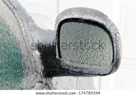 Car mirror after an ice storm