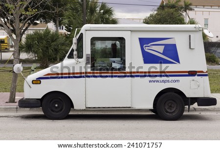 West Palm Beach, January 24: Small USPS truck delivers packages on January 24, 2011 in West Palm Beach, Florida. USPS is one of the largest mail delivery companies in the USA.