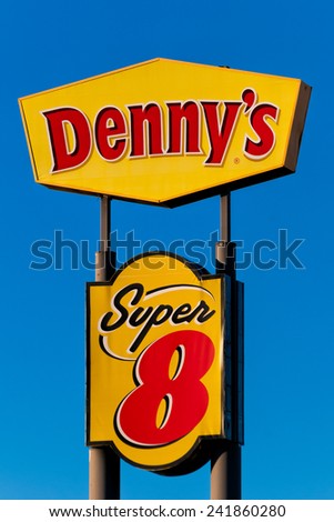 WEST PALM BEACH, FLORIDA -?? JANUARY 20, 2012: Combined sign for Denny\'s casual family restaurant and Super 8 national budget motel chain.