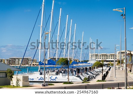 VARADERO - FEB 11: Catamaran fleet at the east end of Varadero in Cuba on Feb 11, 2015