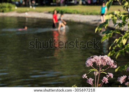 People and flowers on beach