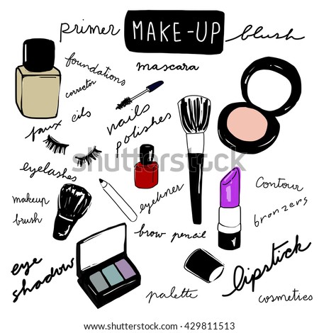 vector illustration-set of cosmetics, makeup products such as lipstick, blush, nail polish, eyeshadow, eyeliner, mascara, foundation, makeup brushes, eyelashes. words regarding cosmetics are included.