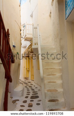 Narrow path in Mykonos island cyclades Greece