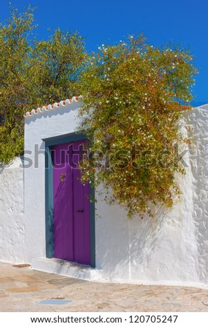 Colorful wooden door frame with whitewashed wall in Hydra island, Greece Saronikos Gulf