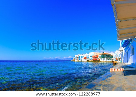 Mykonos Greece, Little Venice panoramic view Mykonos island Greece Cyclades