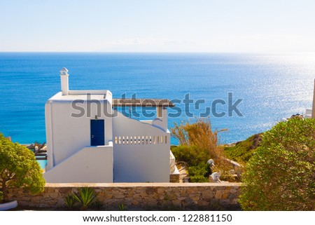 Mykonos Greece, Traditional  view of sea from street level in Mykonos island Greece Cyclades