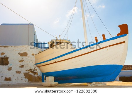 Boat on land Mykonos Island greece CYclades