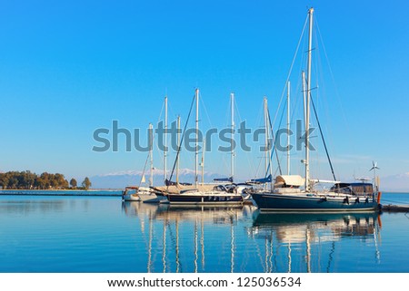 Greece Mesologi, port view with sail yachts, Central Greece