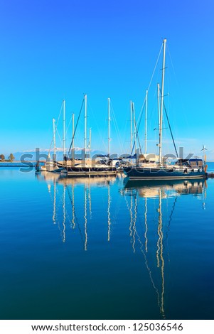 Greece Mesologi, port view with luxury sail yachts, Central Greece