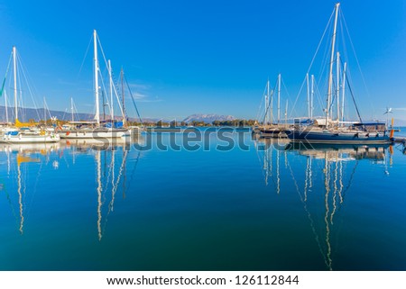 Greece Mesologgi, port view with luxury sail yachts and boats, Central Greece