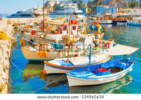 Greece, boats in port of Hydra island in Saronicos Gulf