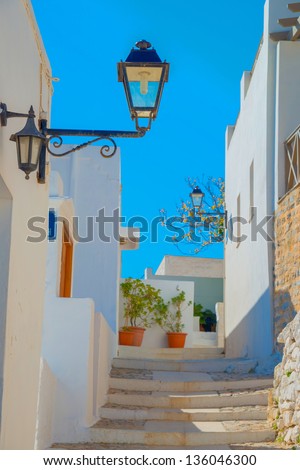 Greece Syros, traditional view of narrow streets and tiny walk paths in chora, Syros is a Greek islands in Cyclades