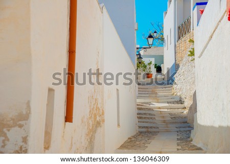 Greece Syros, traditional view of narrow streets and tiny walk paths in chora, Syros is a Greek islands in Cyclades