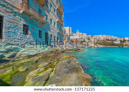 Greece Syros island artistic view of main capitol, also known as little venice at summer time, Syros is located in Cyclades