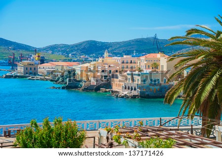 Greece Syros island artistic view of main capitol, also known as little venice at summer time, Syros is located in Cyclades