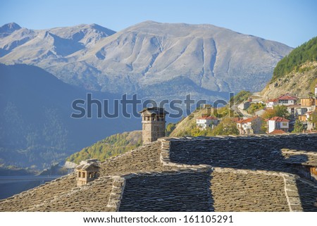 Landscape view of a village with houses  in the fall with all the colorful foliage in Grecee Metsovo