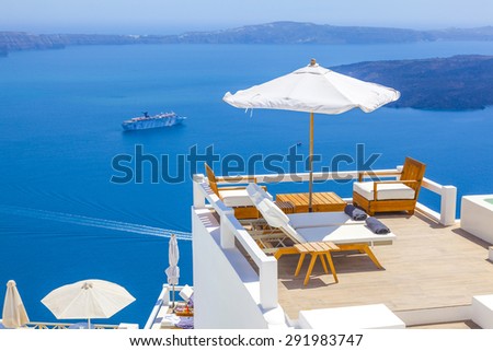 Greece Santorini island, caldera view with cruise ship on sea