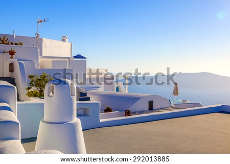 Greece Santorini island in Cyclades, traditional view from balcony