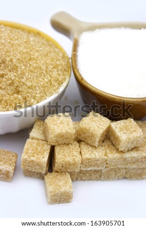 The different types of sugar, white and brown and refined sugar