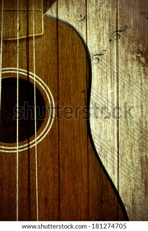 Ukulele fretboard, a part of ukulele haiwaiian  guitar with wooden background,art background