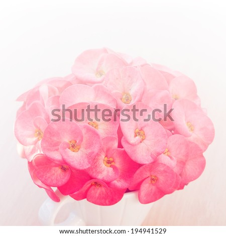 Sweet pink flowers in vase and red heart on wood background