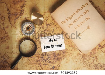 Inspiration Motivational Life Quote on Vintage Map and compass and old book Background Design.