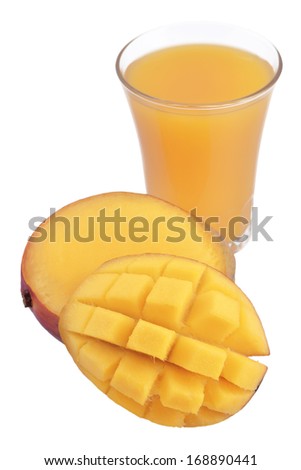 Mango and a glass of mango juice isolated on white background