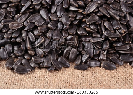 Heap of  black sunflower seeds on a sacking background