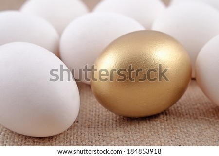 Golden egg and jast eggs on a sacking background