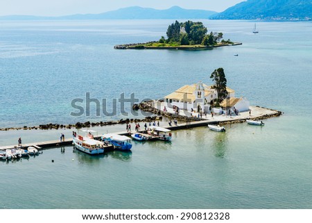 Seaview of Mouse Island and the Vlacherna Monastery on the Kanoni peninsula of Corfu.