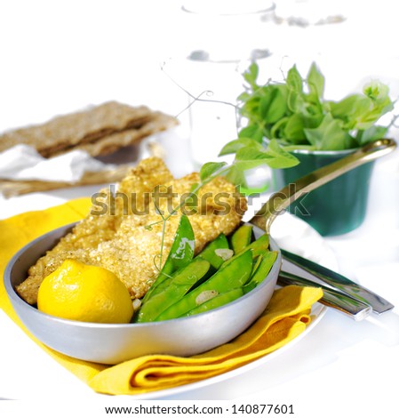Sesame Chicken Schnitzels with lemon sugar snaps