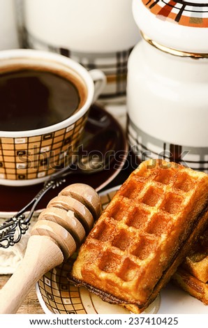 Belgian waffles with coffee and honey