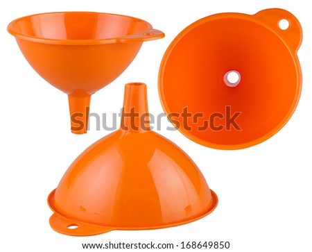 an orange bottle funnel  shot at different angles. Clipping paths included