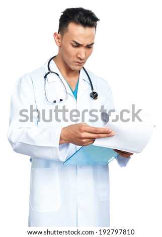 a young serious male medical student (nurse, student, intern) with a clipboard