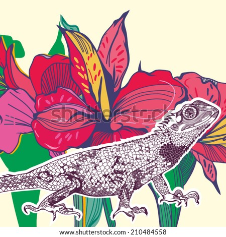 Bright vector illustration of reptile and flower in graphic style.