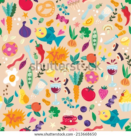 Beautiful vector seamless pattern of food, drinks, vegetables, sweets and fruits. Bright illustration, can be used for menu, invitations, greeting card, wallpaper and textile.
