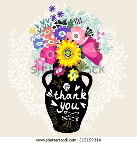 Sweet illustration of bouquet of bright flowers and hand drawn letters.