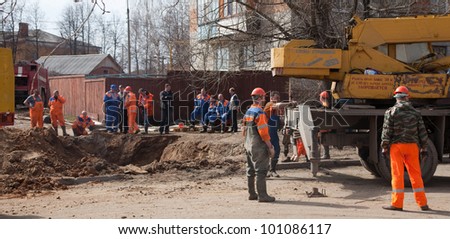 VLADIMIR, RUSSIA - APRIL 17:  Emergency repairs on April 17, 2012 in Vladimir, Russia. City service and rescuers do emergency repair work on damage caused by meltwater. Damaged sewer and water supply